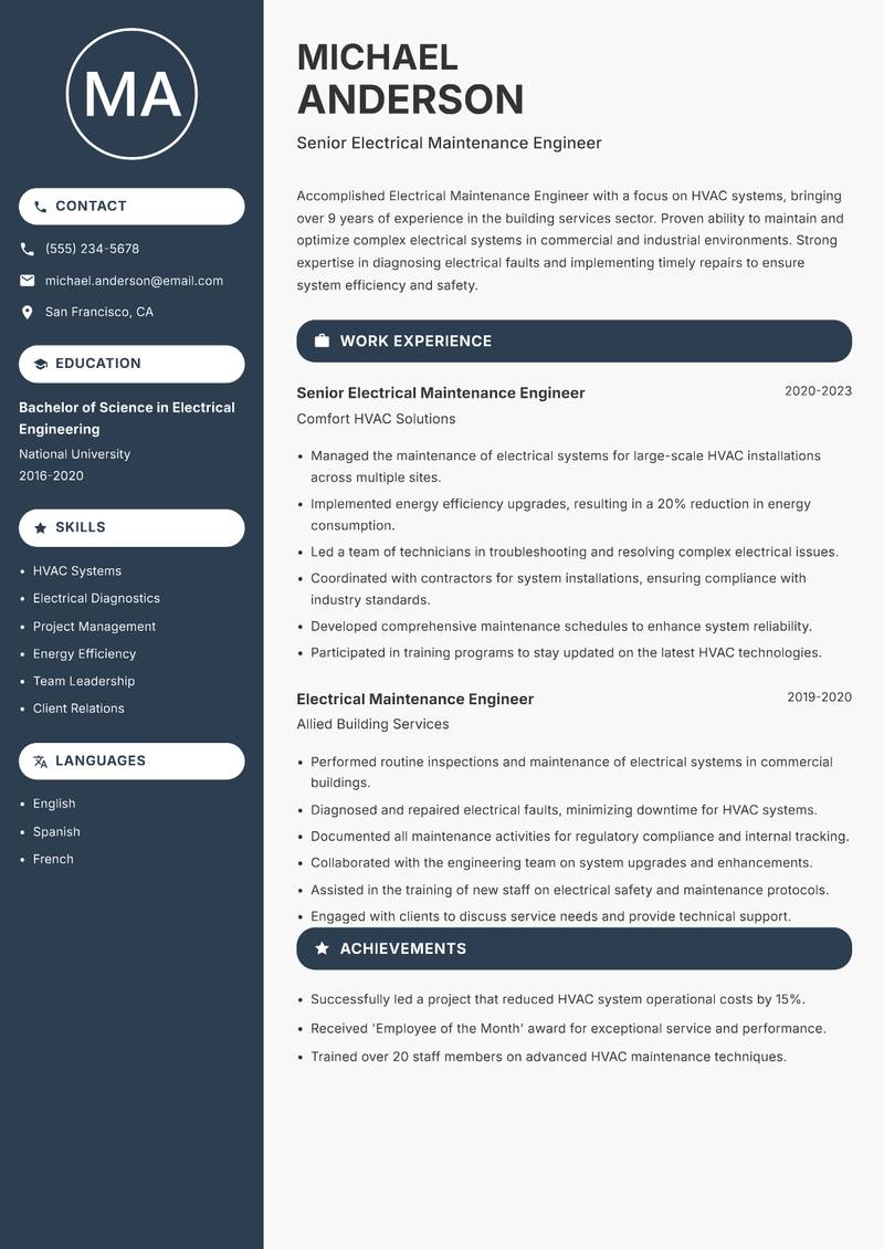 Electrical Maintenance Engineer resume sample — Senior Electrical Maintenance Engineer focus