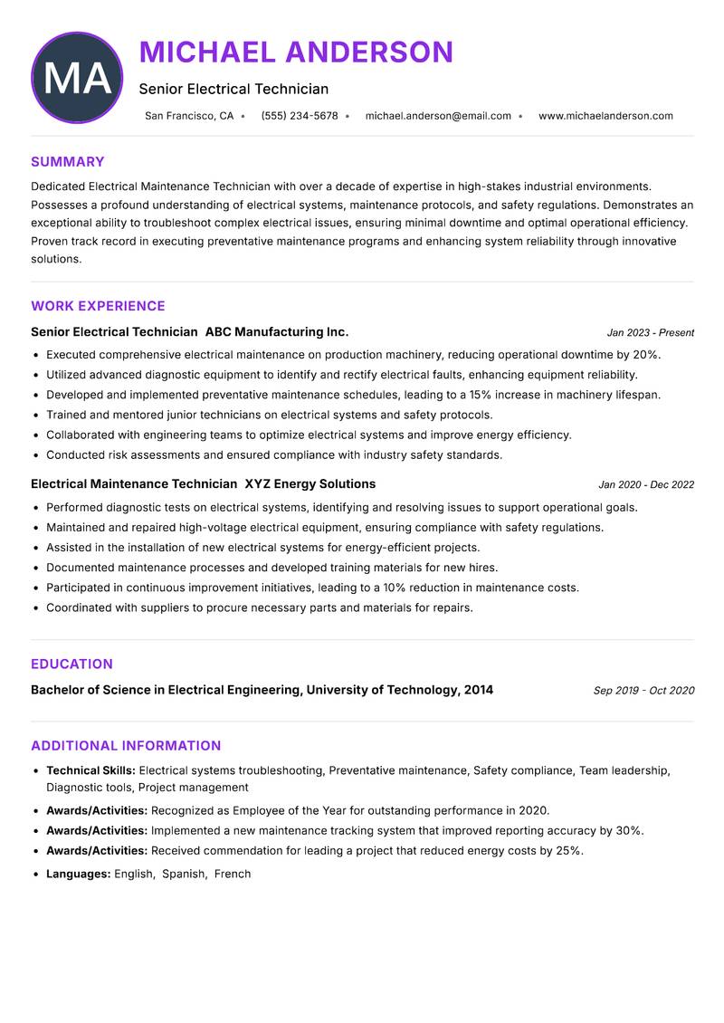 Electrical Maintenance Technician resume example