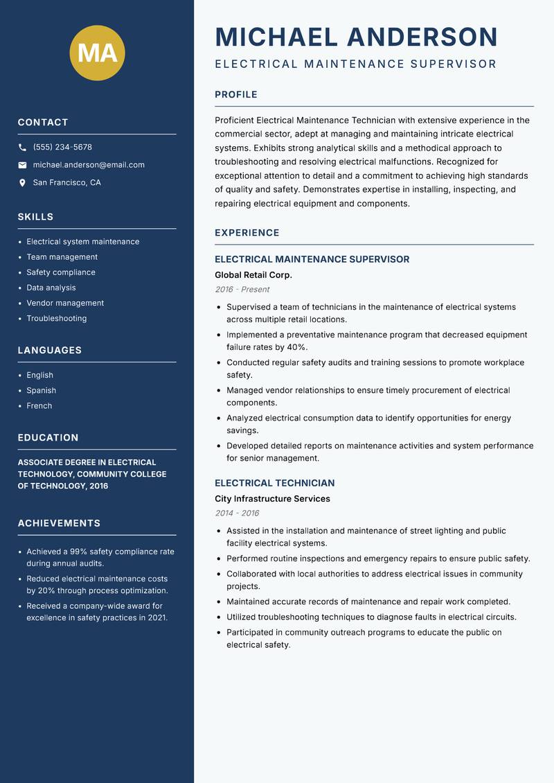 Electrical Maintenance Technician resume sample — Electrical Maintenance Supervisor focus