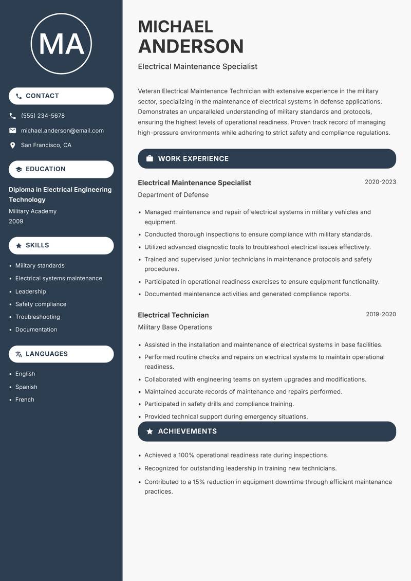 Electrical Maintenance Technician resume sample — Electrical Maintenance Specialist focus