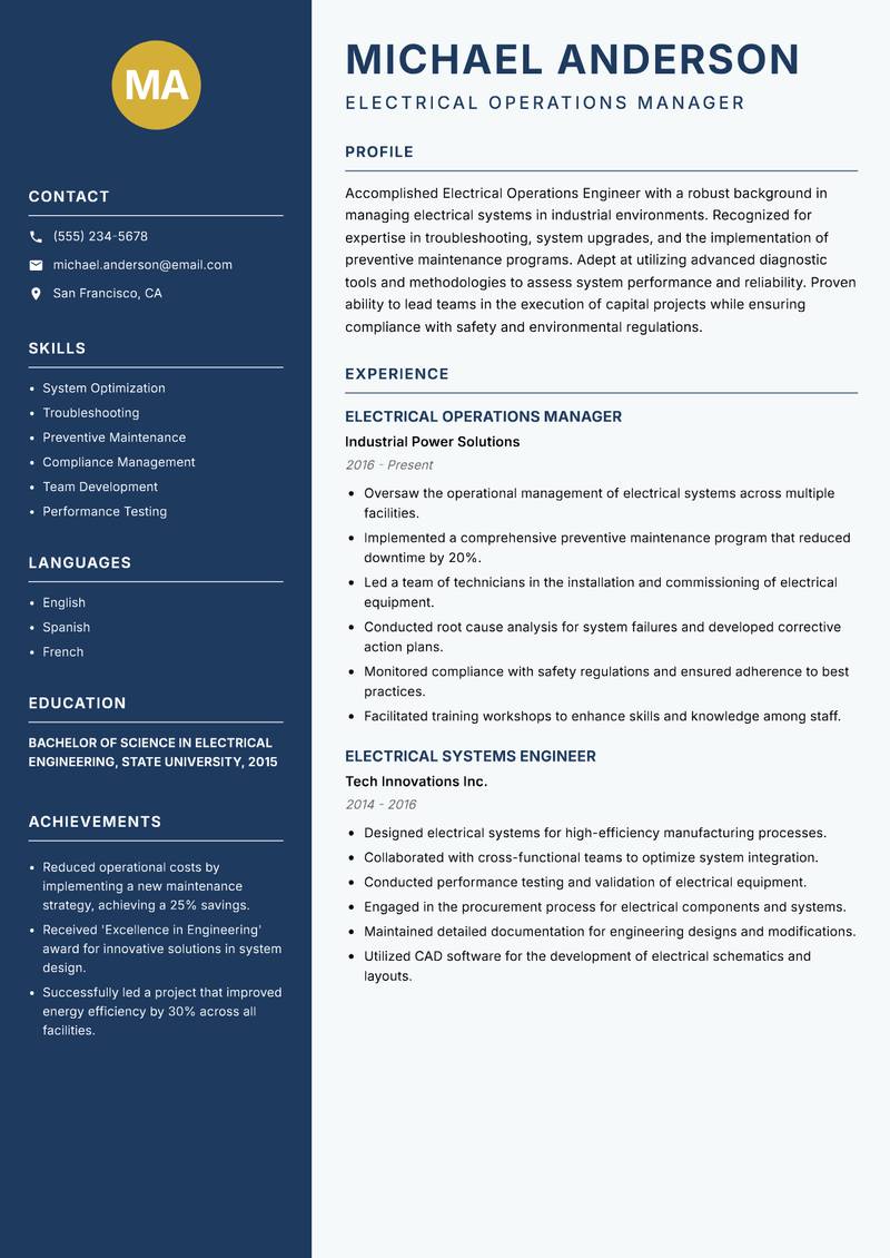 Electrical Operations Engineer Power resume sample — Electrical Operations Manager focus
