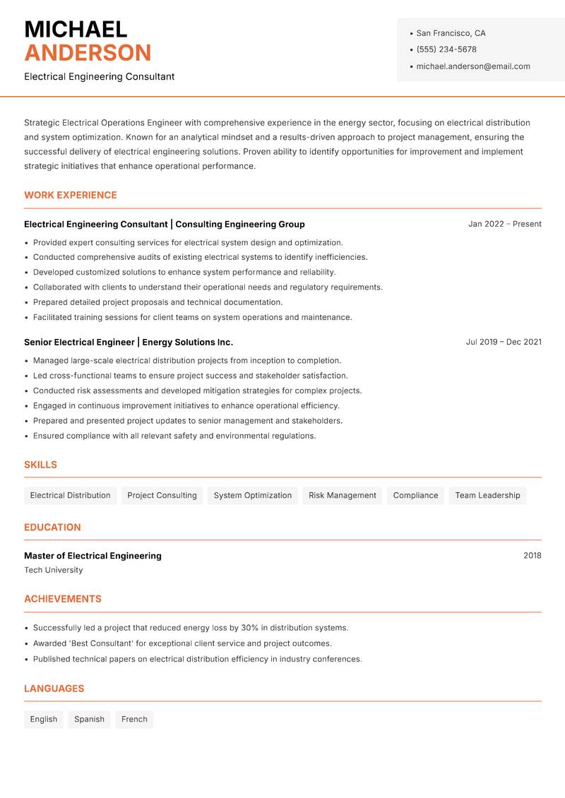 Electrical Operations Engineer Power resume sample — Electrical Engineering Consultant focus
