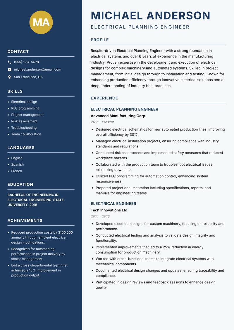 Electrical Planning Engineer resume sample — Electrical Planning Engineer focus