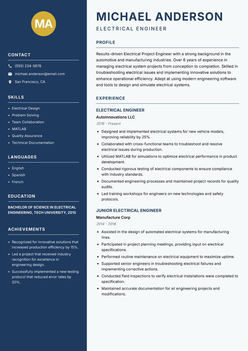 Electrical Project Engineer resume sample — Electrical Engineer focus