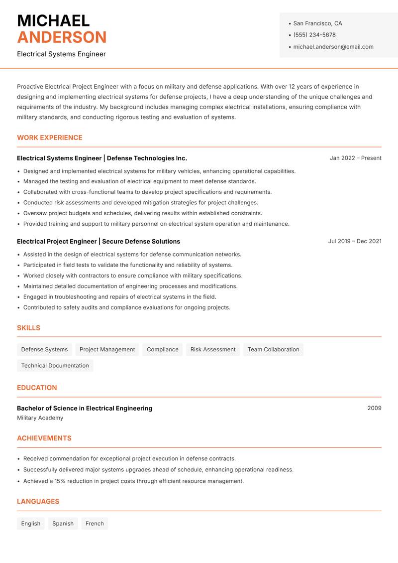 Electrical Project Engineer resume sample — Electrical Systems Engineer focus