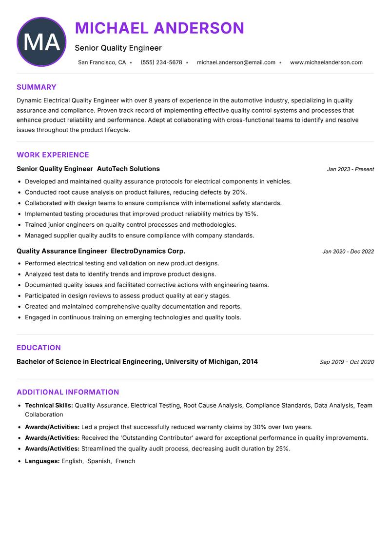 Electrical Quality Engineer resume example