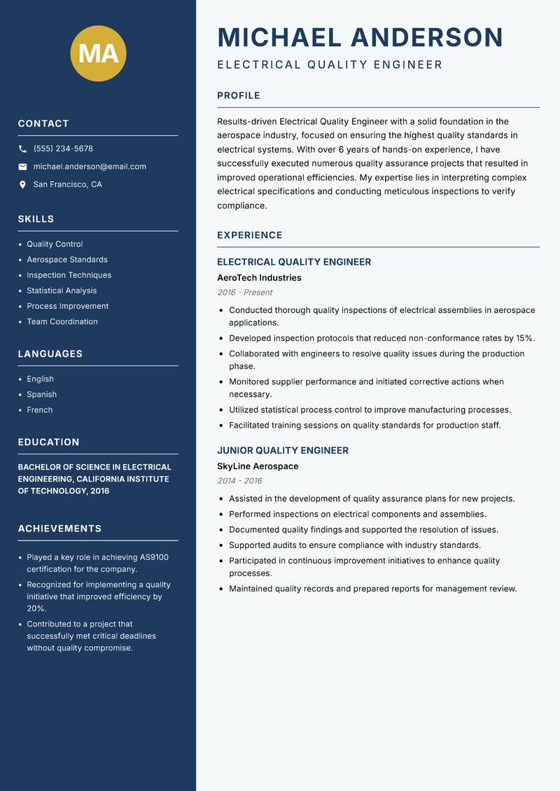 Electrical Quality Engineer resume sample — Electrical Quality Engineer focus