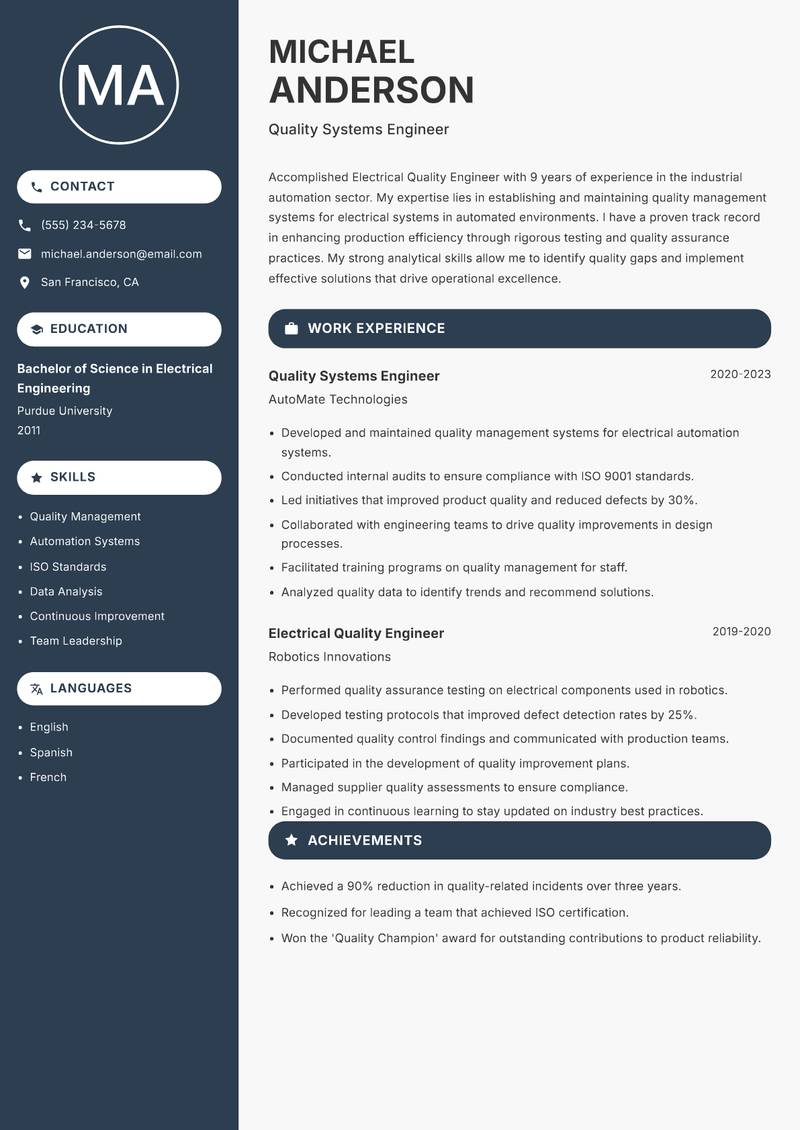 Electrical Quality Engineer resume sample — Quality Systems Engineer focus