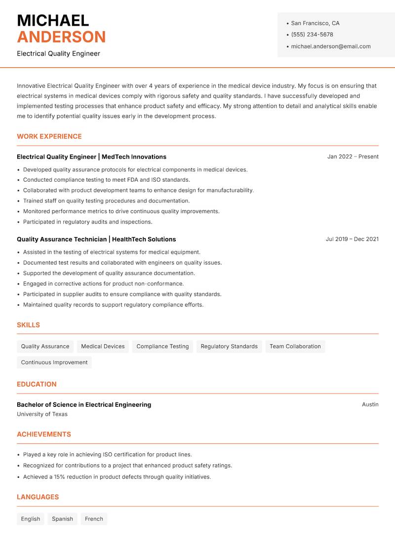 Electrical Quality Engineer resume sample — Electrical Quality Engineer focus
