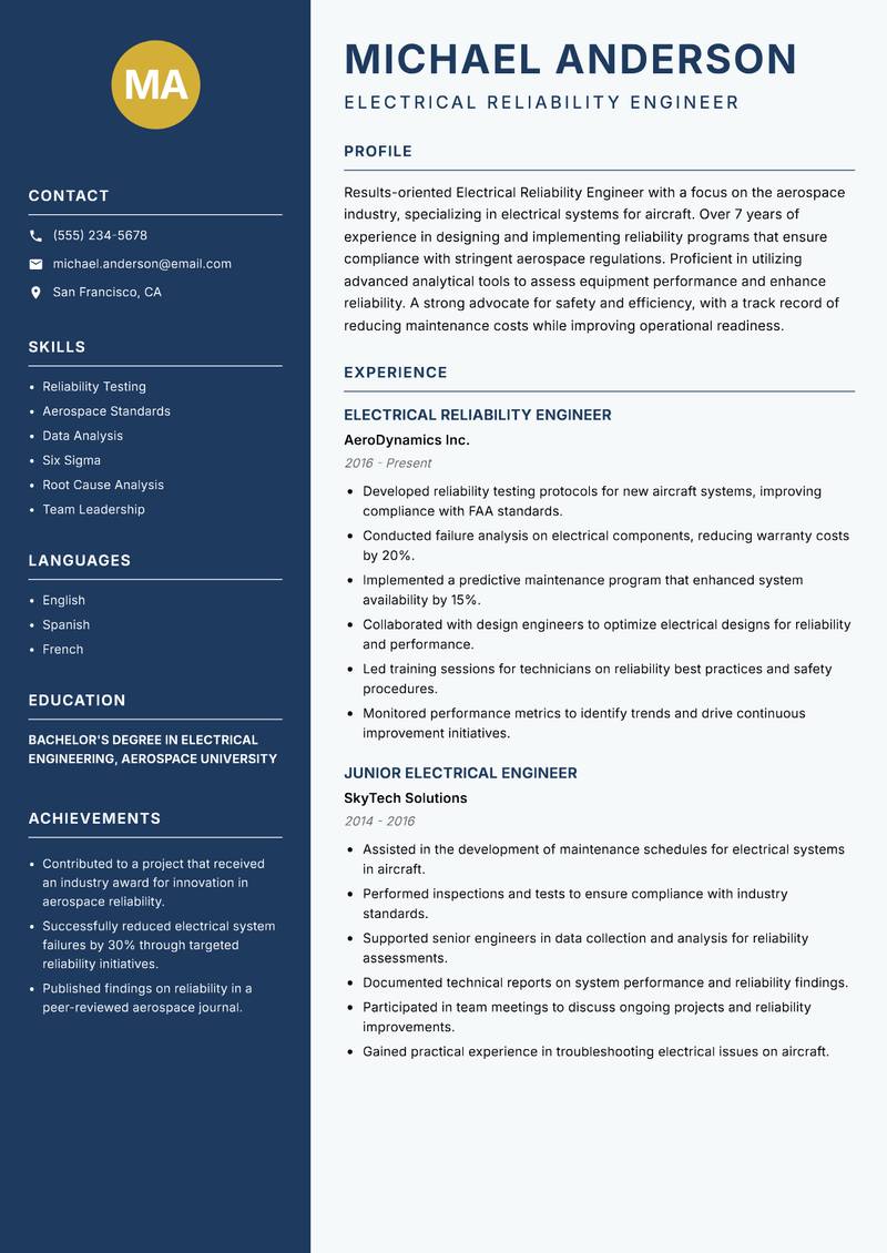 Electrical Reliability Engineer resume sample — Electrical Reliability Engineer focus