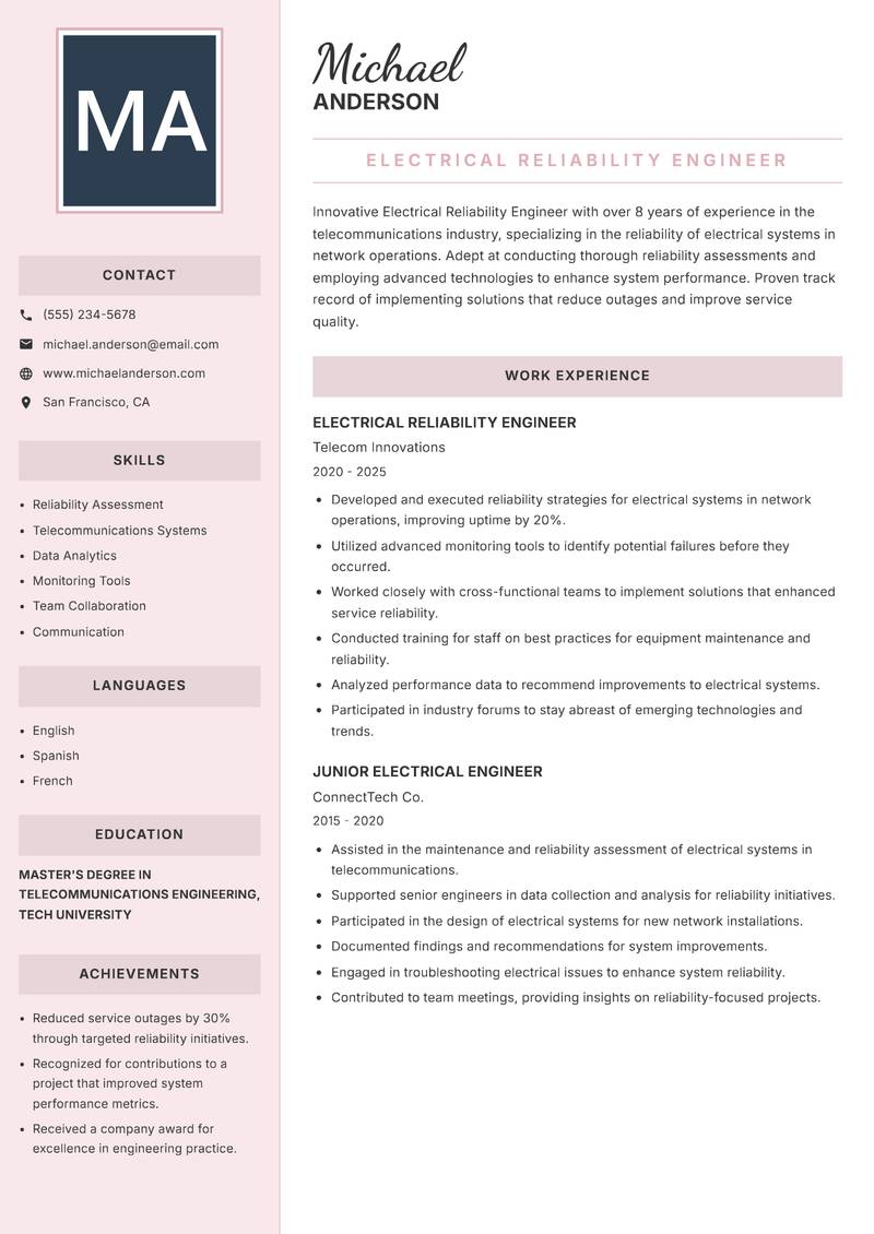 Electrical Reliability Engineer resume sample — Electrical Reliability Engineer focus
