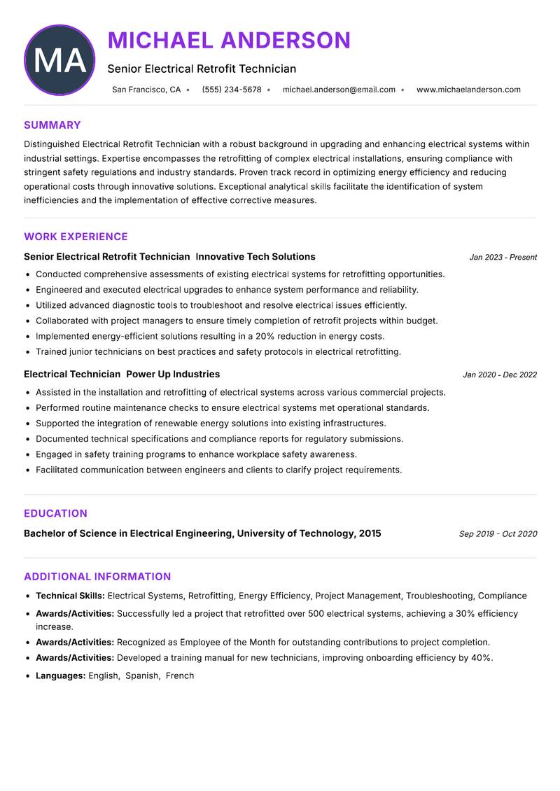 Electrical Retrofit Technician resume example