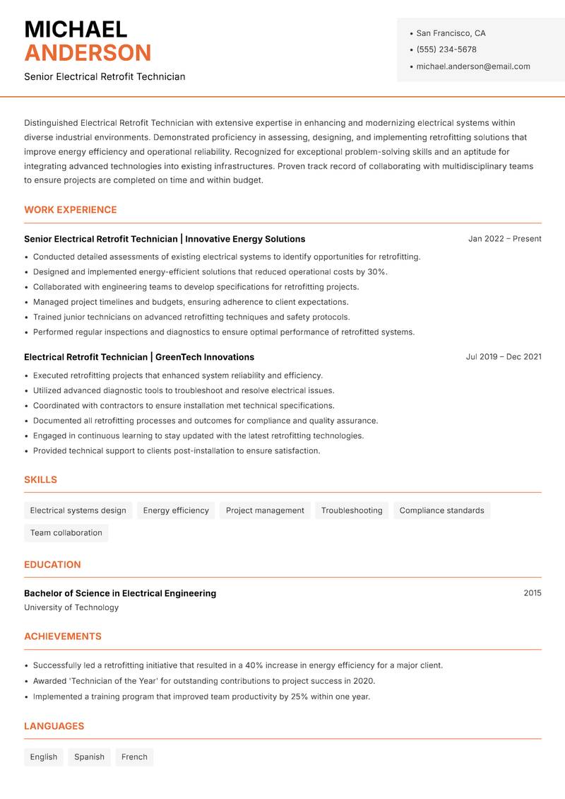 Electrical Retrofit Technician resume sample — Senior Electrical Retrofit Technician focus