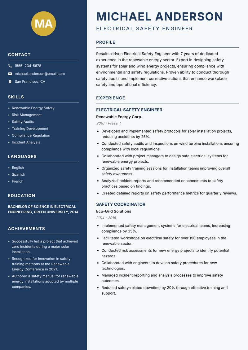 Electrical Safety Engineer resume sample — Electrical Safety Engineer focus