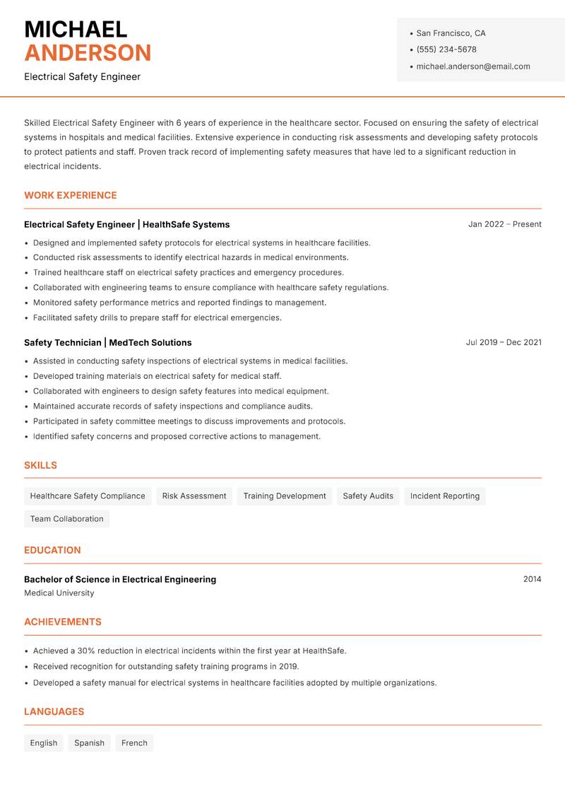 Electrical Safety Engineer resume sample — Electrical Safety Engineer focus