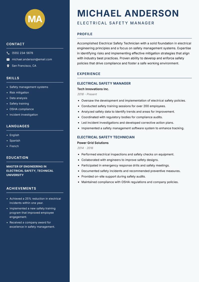 Electrical Safety Technician resume sample — Electrical Safety Manager focus