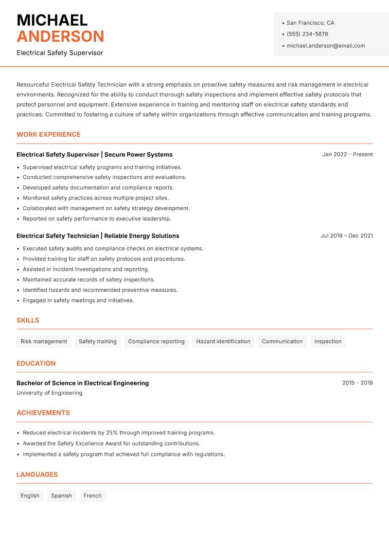 Electrical Safety Technician resume sample — Electrical Safety Supervisor focus