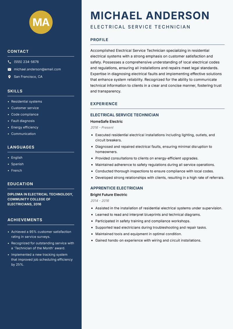 Electrical Service Technician resume sample — Electrical Service Technician focus