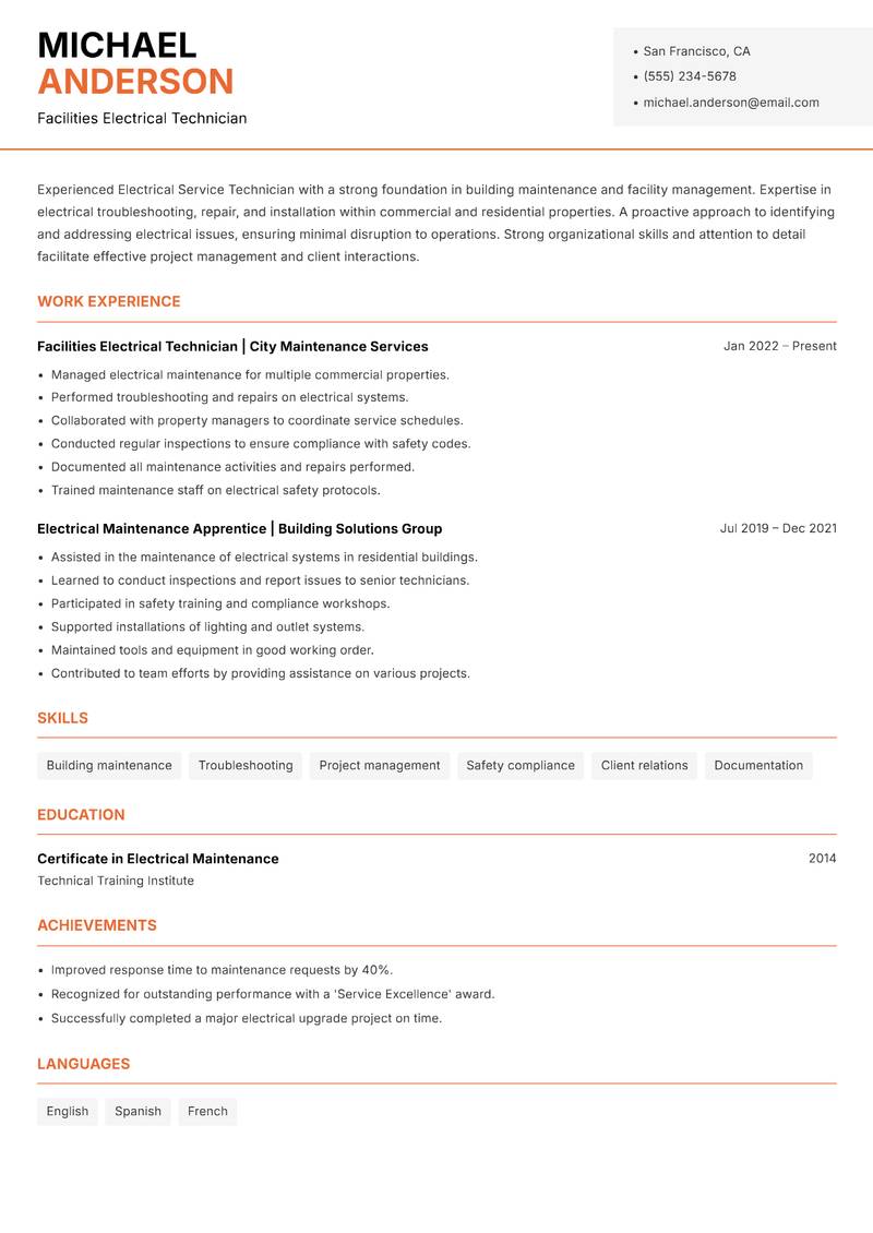 Electrical Service Technician resume sample — Facilities Electrical Technician focus