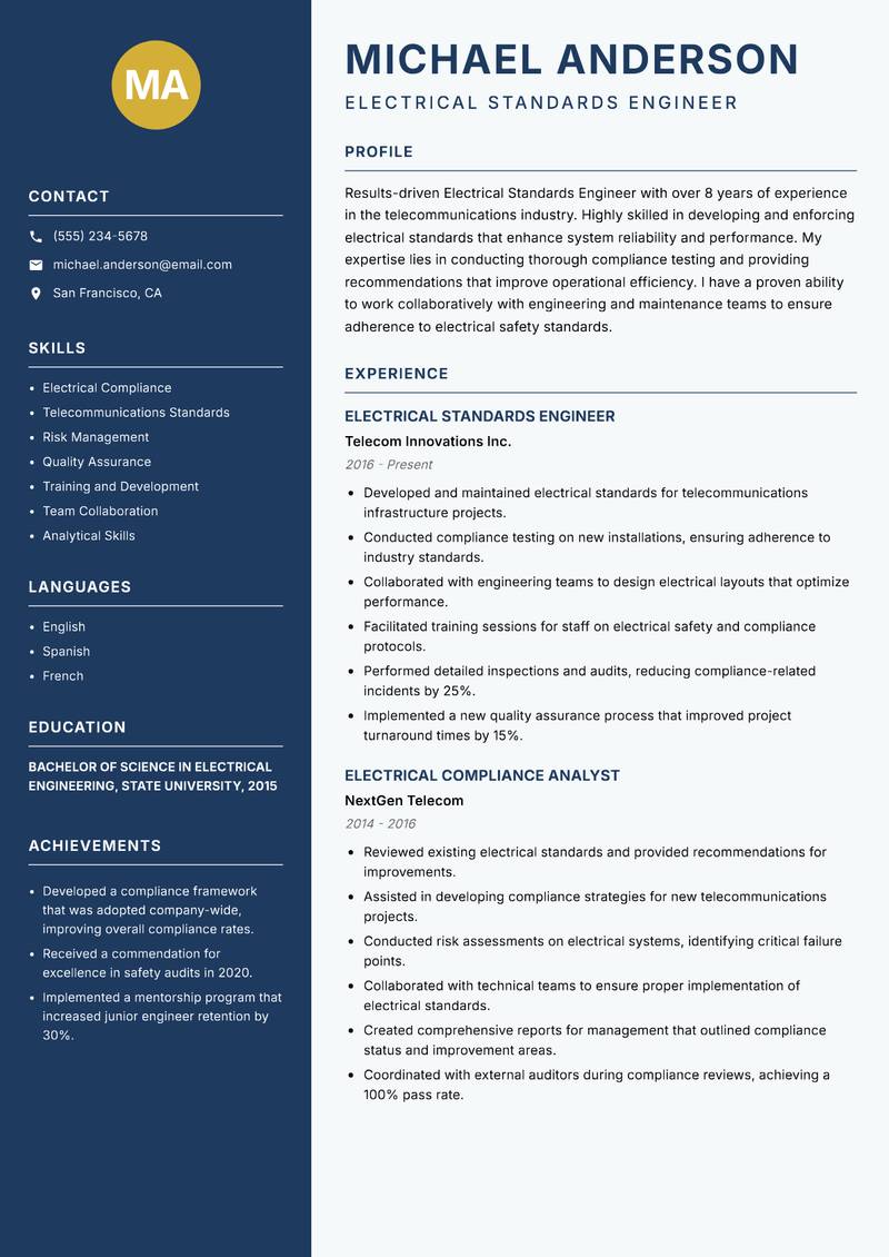 Electrical Standards Engineer resume sample — Electrical Standards Engineer focus