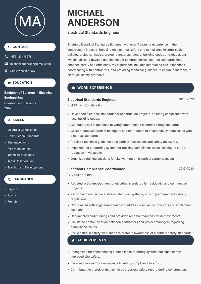 Electrical Standards Engineer resume sample — Electrical Standards Engineer focus
