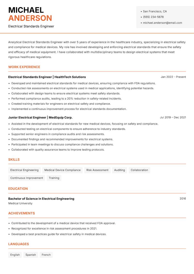 Electrical Standards Engineer resume sample — Electrical Standards Engineer focus