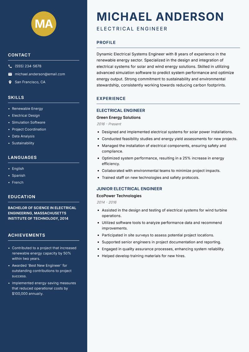 Electrical Systems Engineer resume sample — Electrical Engineer focus