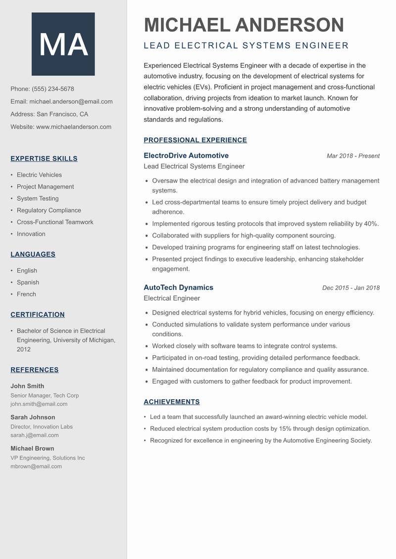 Electrical Systems Engineer resume sample — Lead Electrical Systems Engineer focus