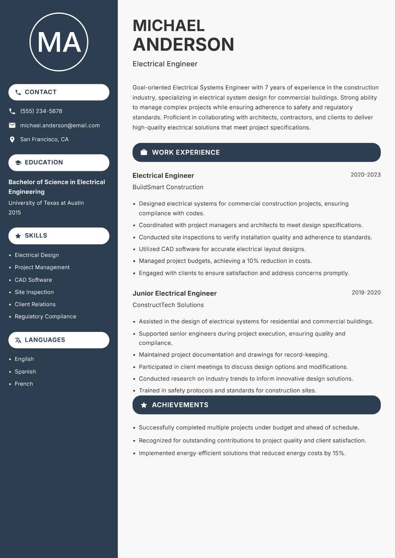 Electrical Systems Engineer resume sample — Electrical Engineer focus