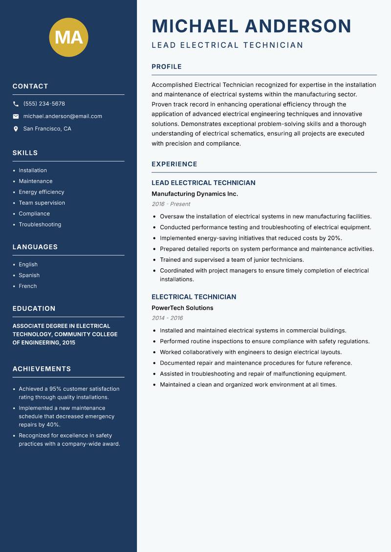 Electrical Technician resume sample — Lead Electrical Technician focus