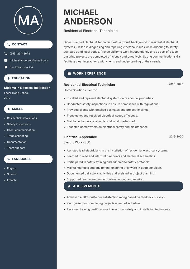 Electrical Technician resume sample — Residential Electrical Technician focus