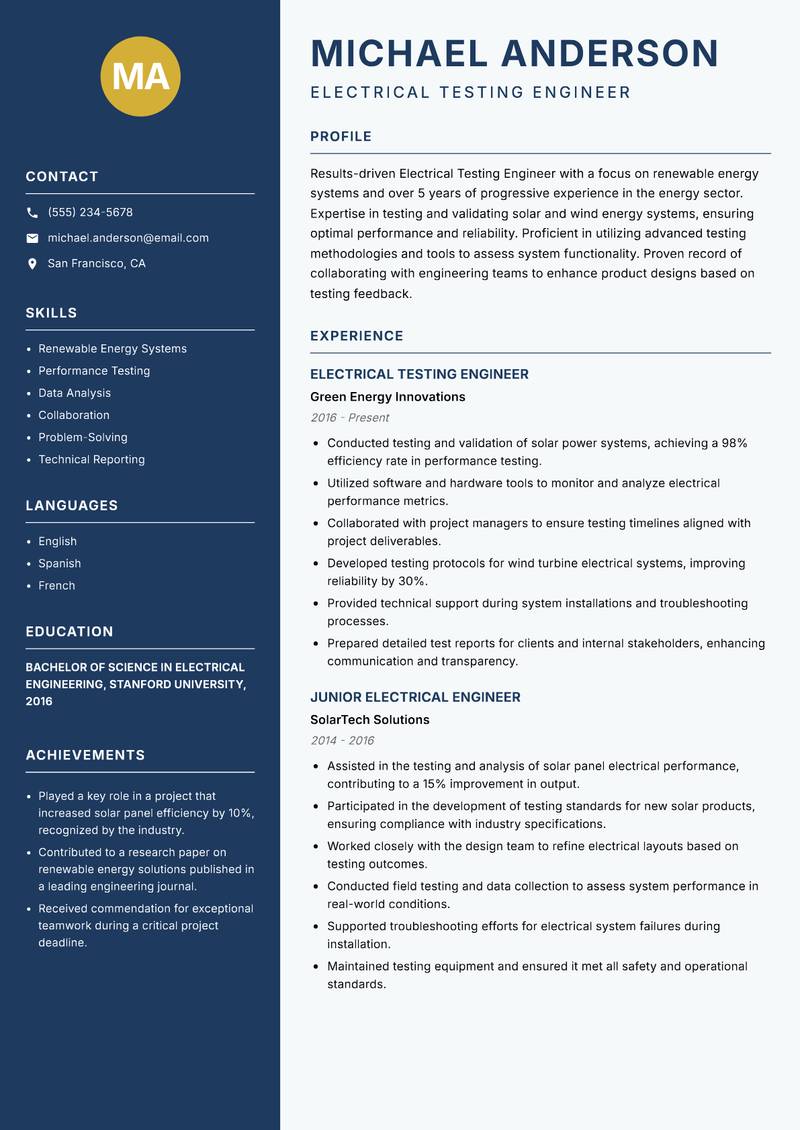 Electrical Testing Engineer resume sample — Electrical Testing Engineer focus