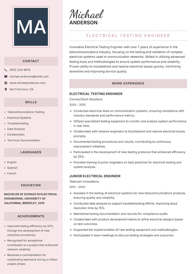 Electrical Testing Engineer resume sample — Electrical Testing Engineer focus