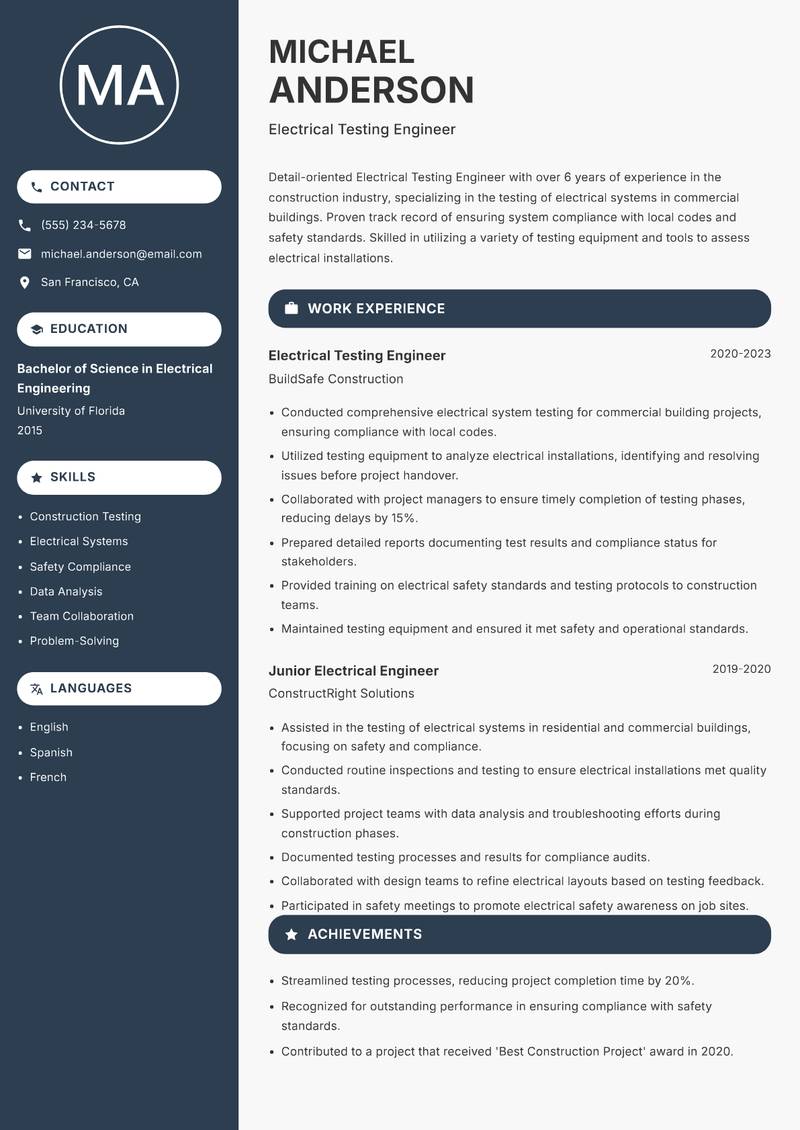 Electrical Testing Engineer resume sample — Electrical Testing Engineer focus