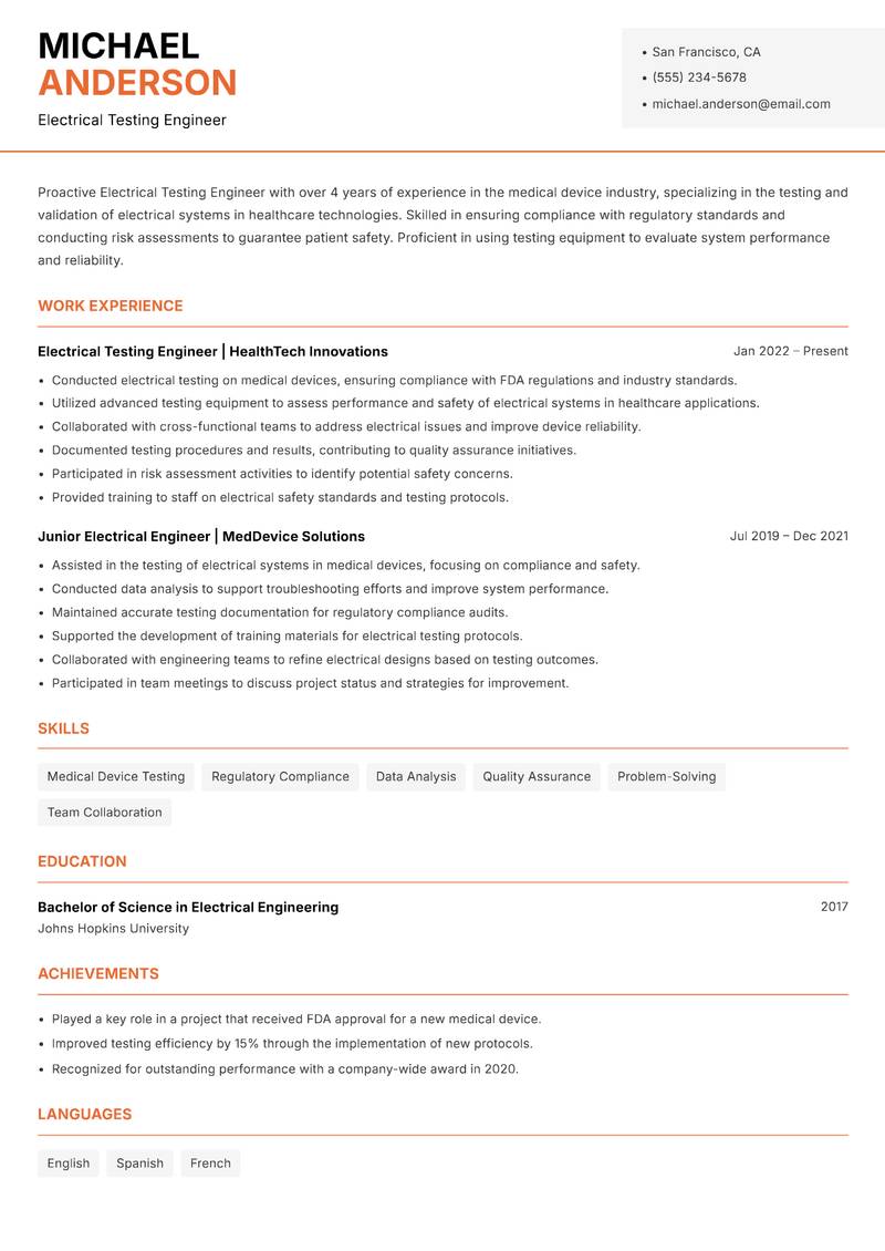 Electrical Testing Engineer resume sample — Electrical Testing Engineer focus