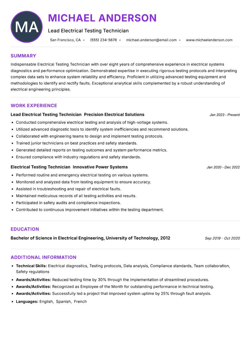 Electrical Testing Technician resume example