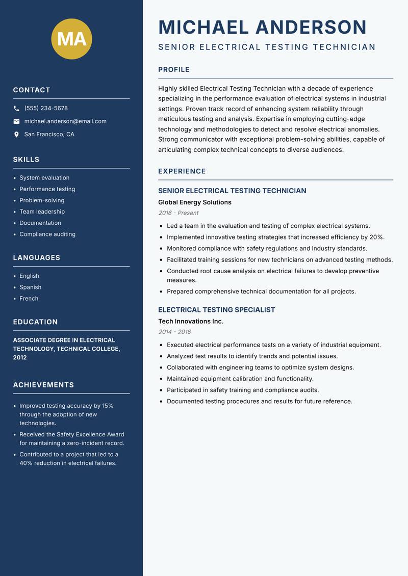 Electrical Testing Technician resume sample — Senior Electrical Testing Technician focus