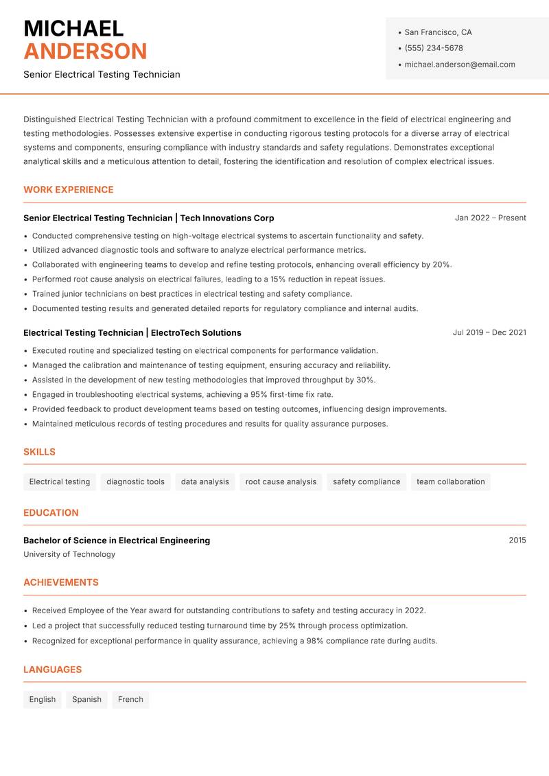 Electrical Testing Technician resume sample — Senior Electrical Testing Technician focus