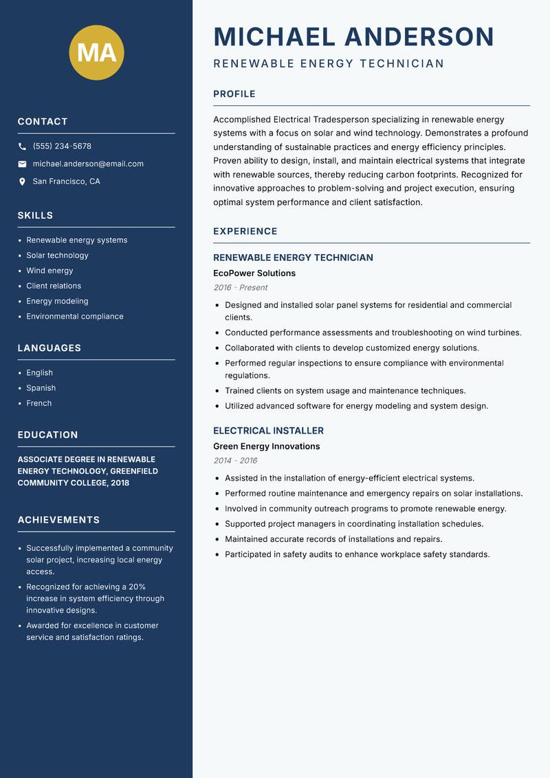 Electrical Tradesperson resume sample — Renewable Energy Technician focus