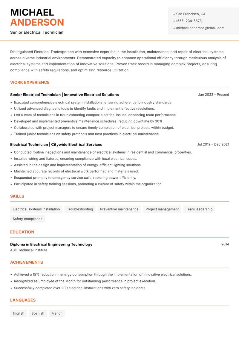 Electrical Tradesperson resume sample — Senior Electrical Technician focus