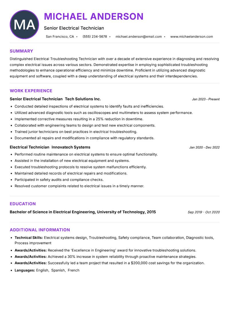 Electrical Troubleshooting Technician resume example