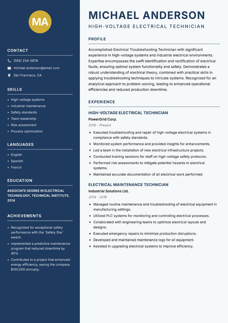 Electrical Troubleshooting Technician resume sample — High-Voltage Electrical Technician focus