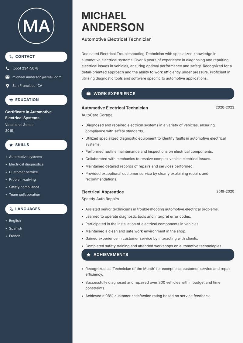 Electrical Troubleshooting Technician resume sample — Automotive Electrical Technician focus