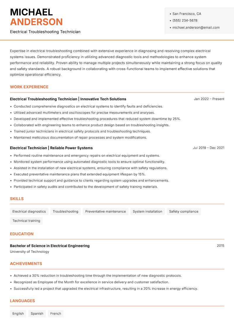 Electrical Troubleshooting Technician resume sample — Electrical Troubleshooting Technician focus