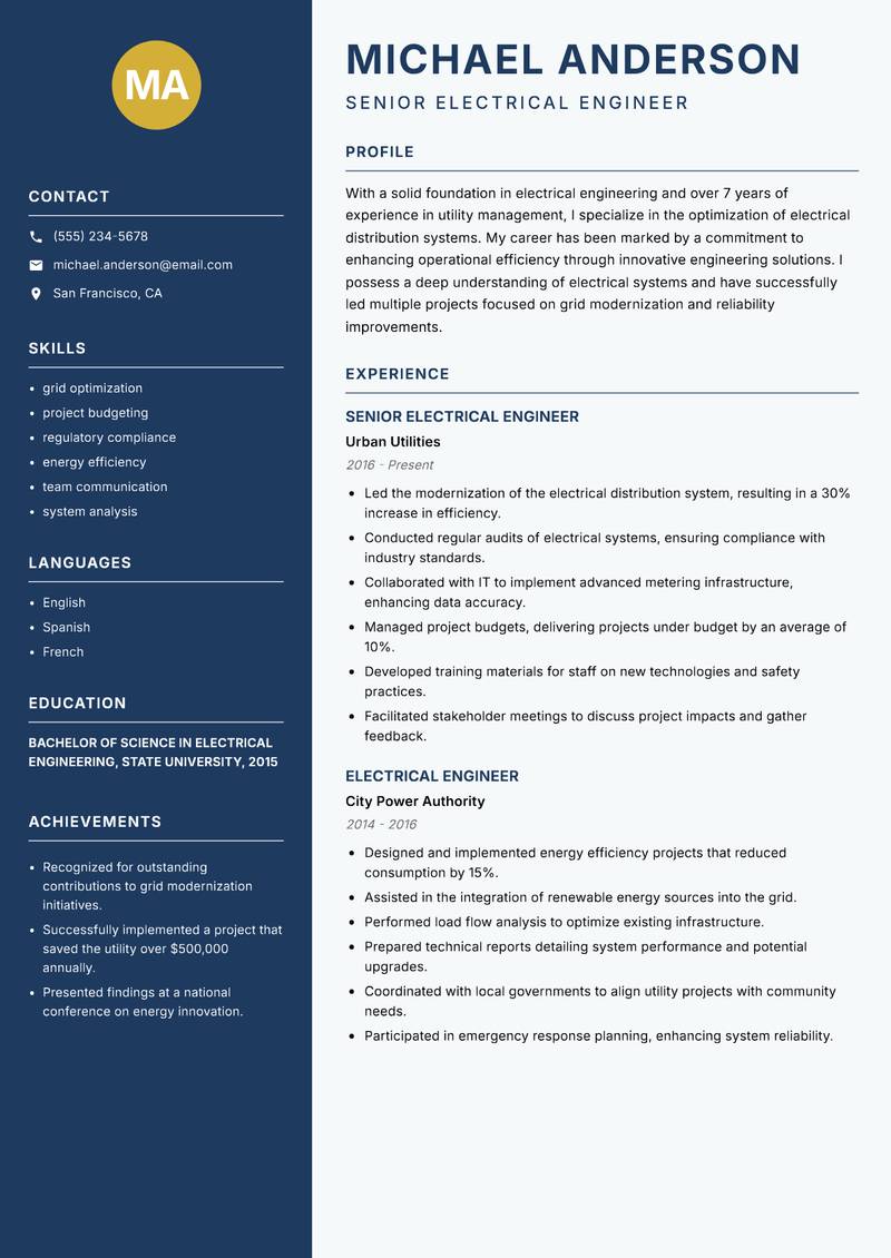 Electrical Utilities Engineer resume sample — Senior Electrical Engineer focus