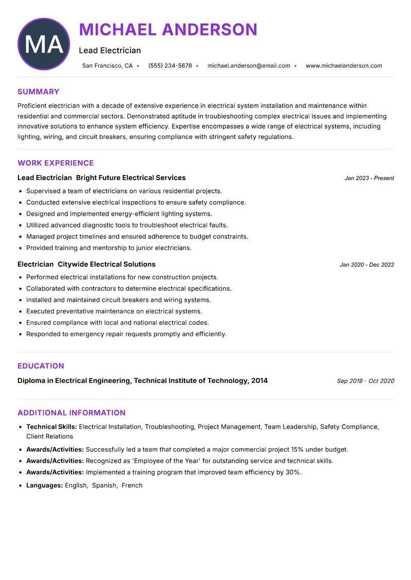 Electrician resume example