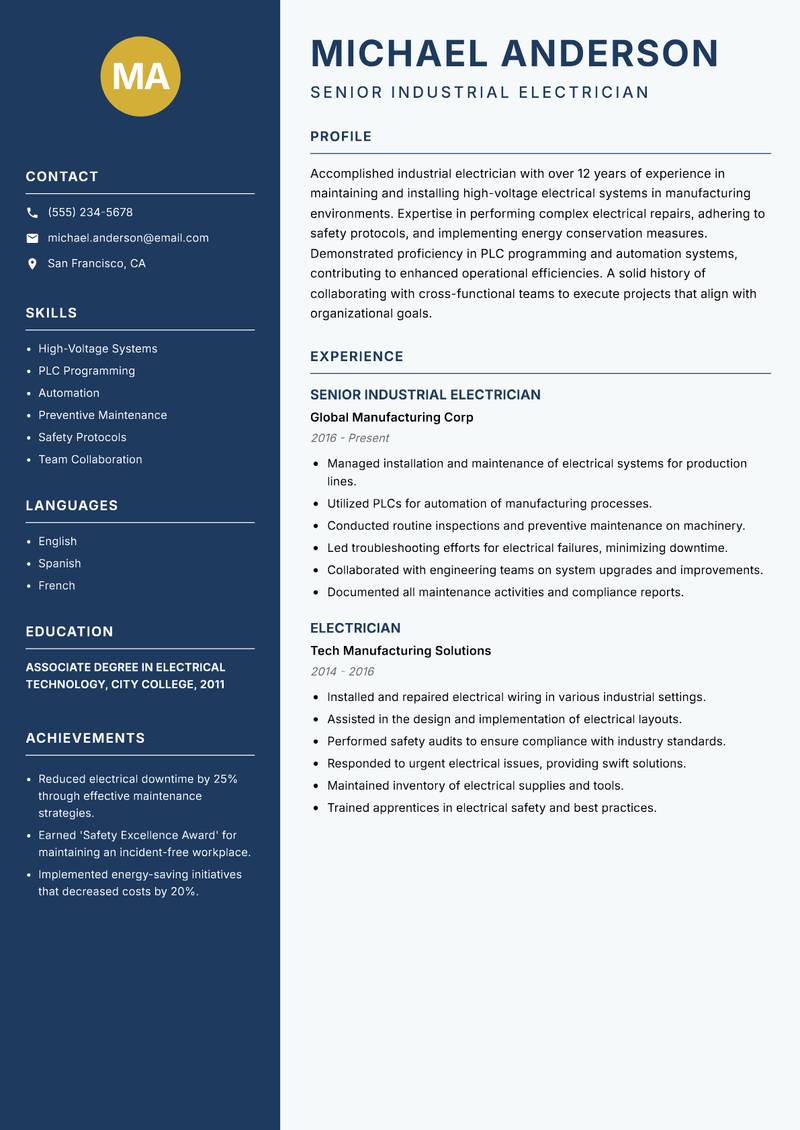 Electrician resume sample — Senior Industrial Electrician focus