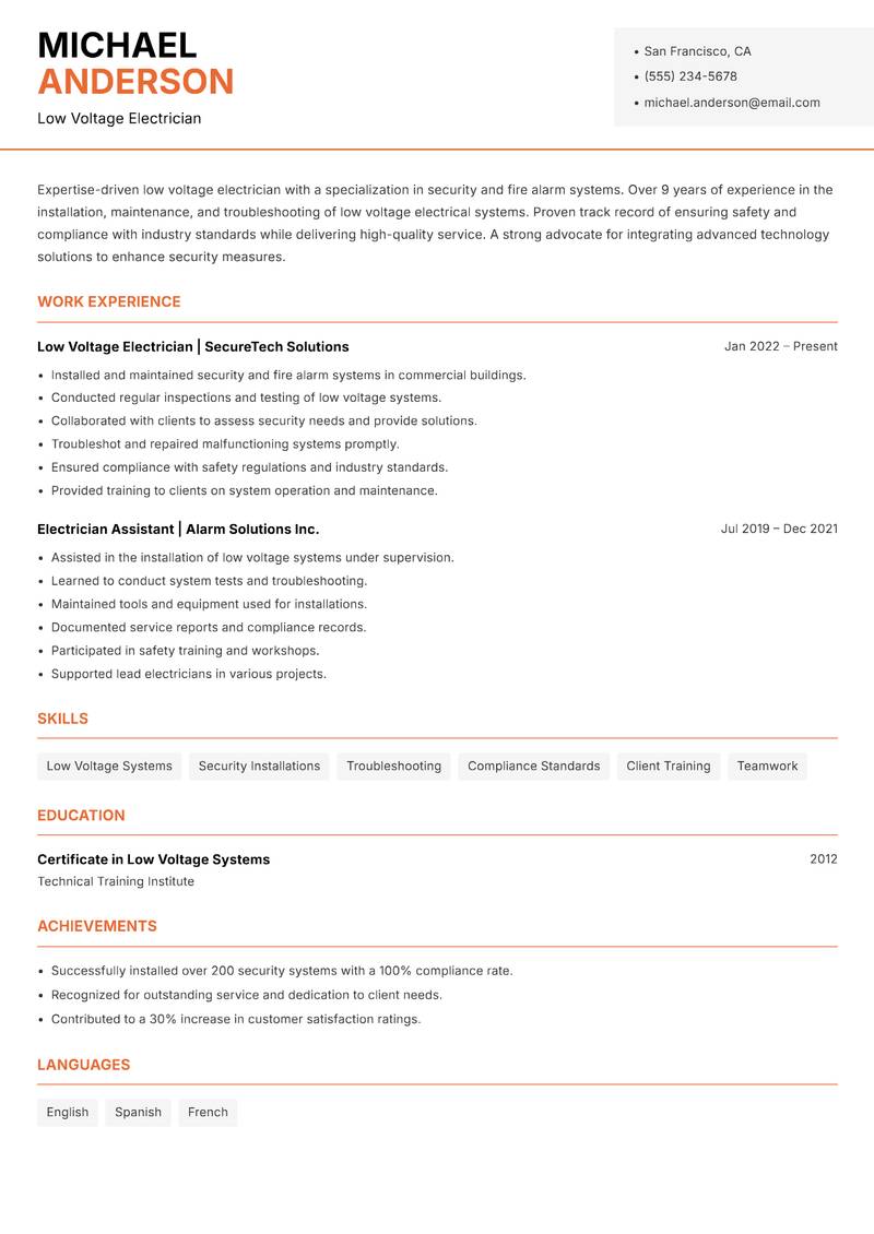 Electrician resume sample — Low Voltage Electrician focus