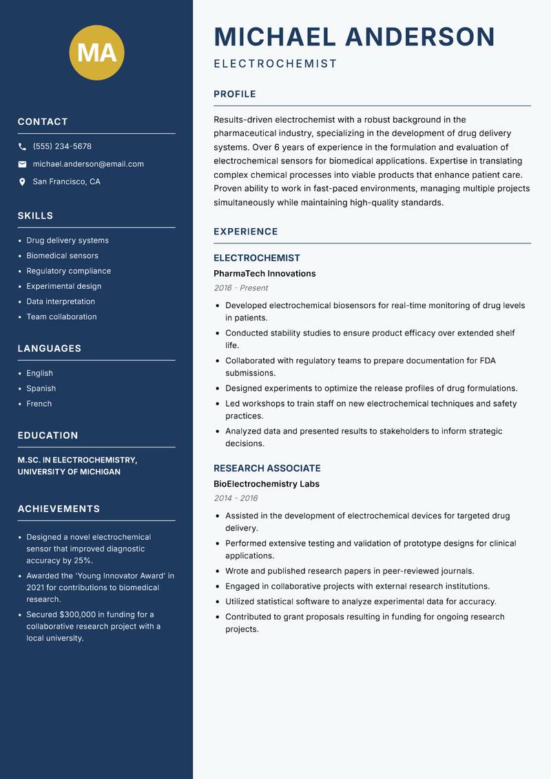 Electrochemist resume sample — Electrochemist focus