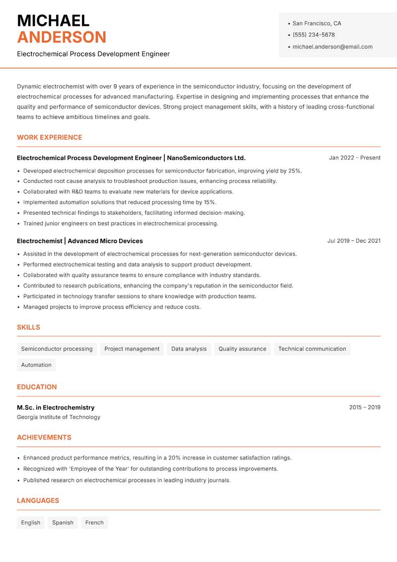 Electrochemist resume sample — Electrochemical Process Development Engineer focus